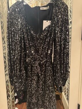 Zara Black Sequin Puff-Sleeve Belted Mini Dress